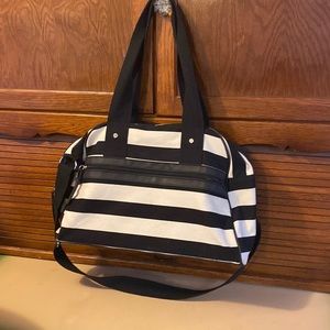 Black and white striped canvas weekend or bag